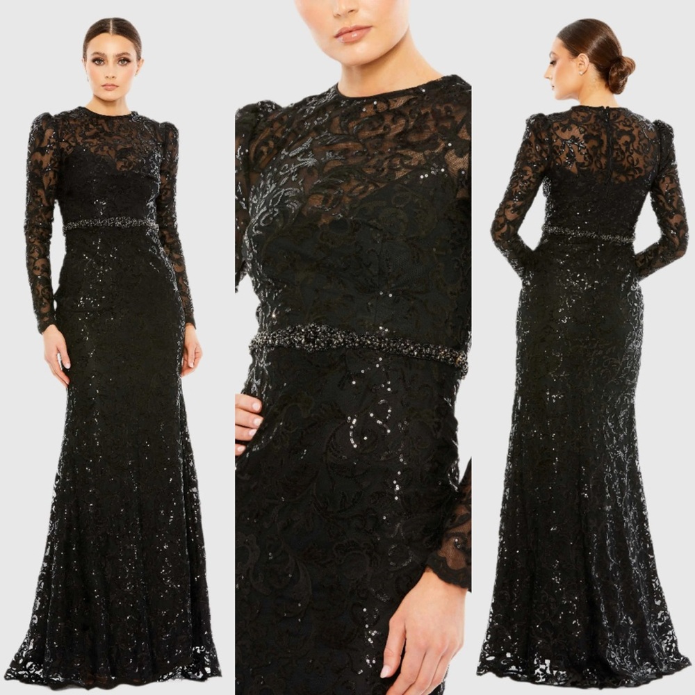 Mac Duggal #68011 Black Embellished High Neck Long Sleeve Gown Plus Size